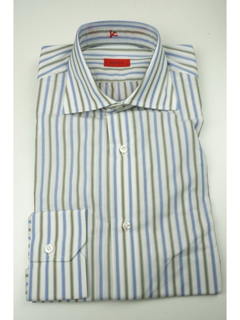 Isaia White Cedar Cobalt Striped Long Sleeve Cotton Dress Shirt 15.5/39 New